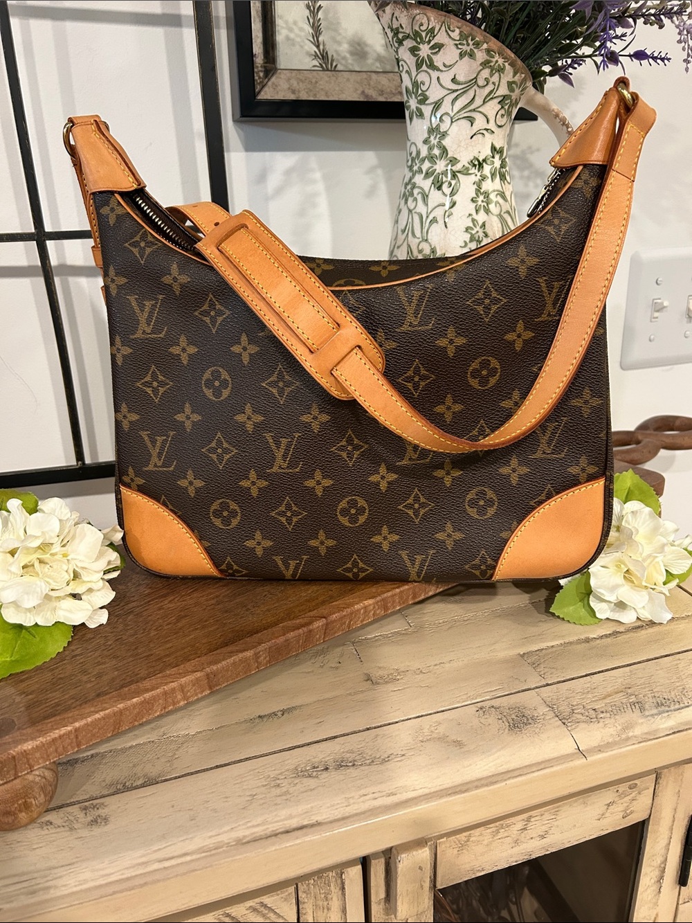 Louis Vuitton Monogram Canvas Shoulder Bag with Tan Trim